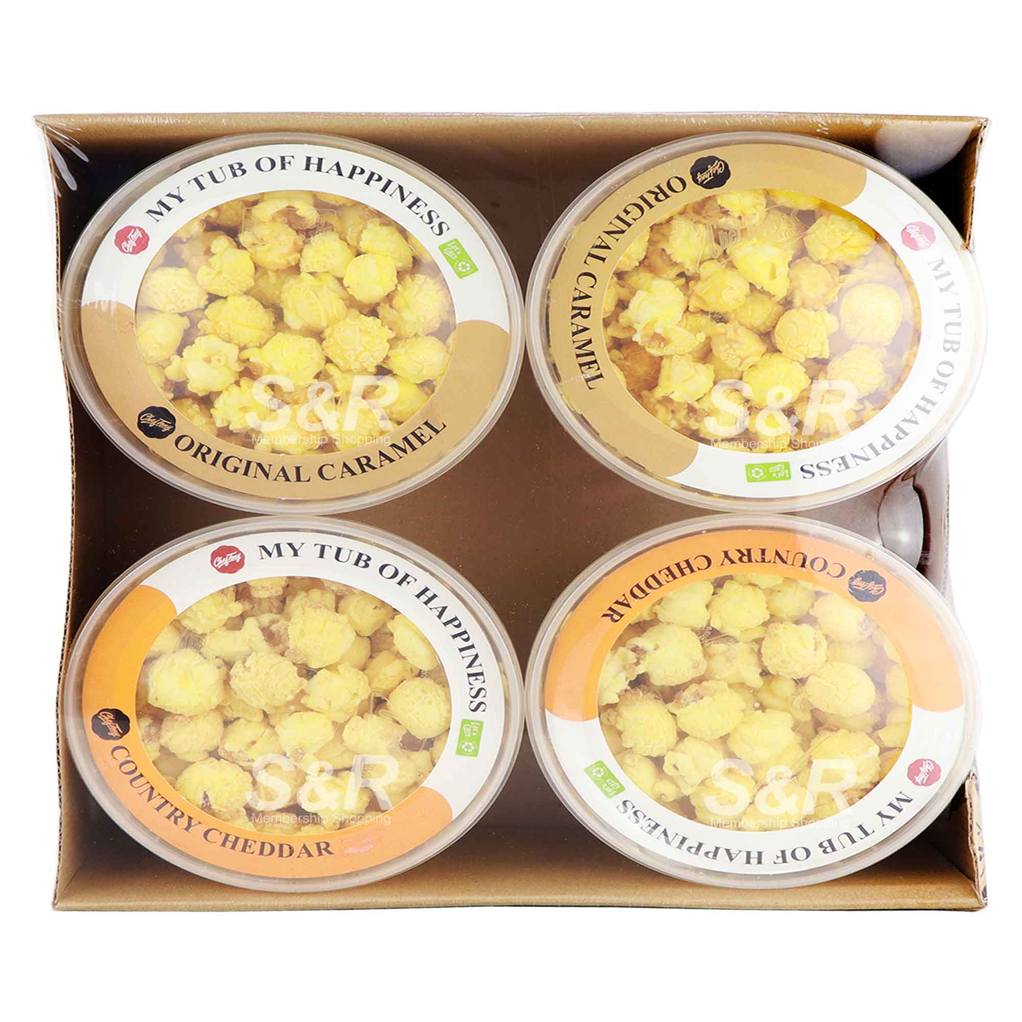 Chef Tony 4 Mini Tubs Original Caramel and Country Cheddar Popcorn 4pcs